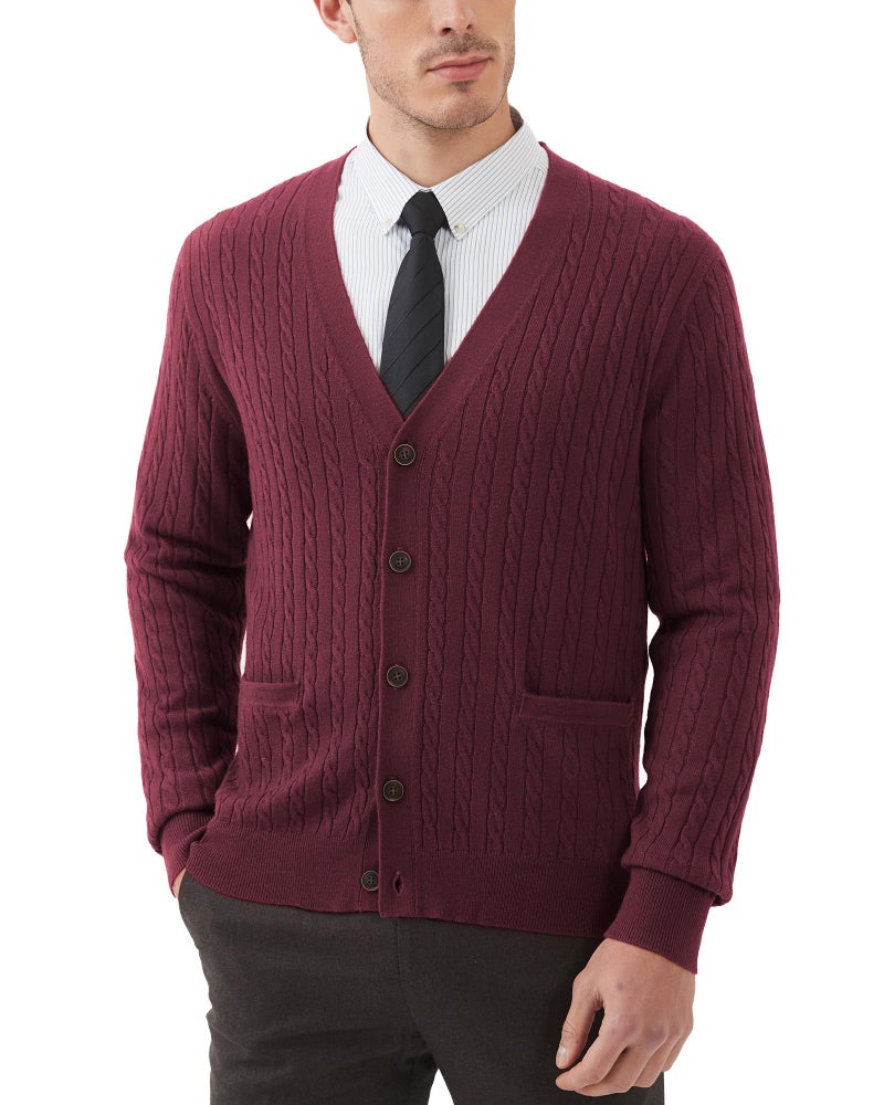 Kallspin Men's Cardigan Sweater Wool Blend Cable Knit V Neck Buttons Cardigan with Pockets(Burgundy Red, Medium) - Image 1